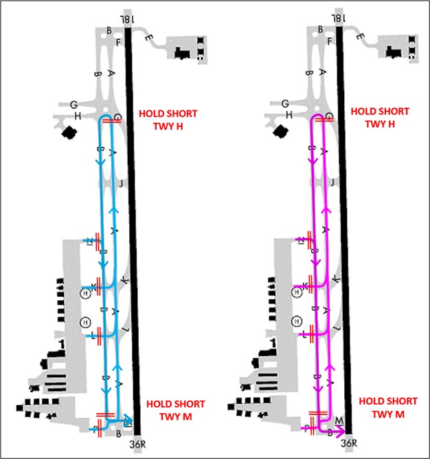 This graphic depicts the taxi routes for aircraft departing RWY 36R at KAUS.