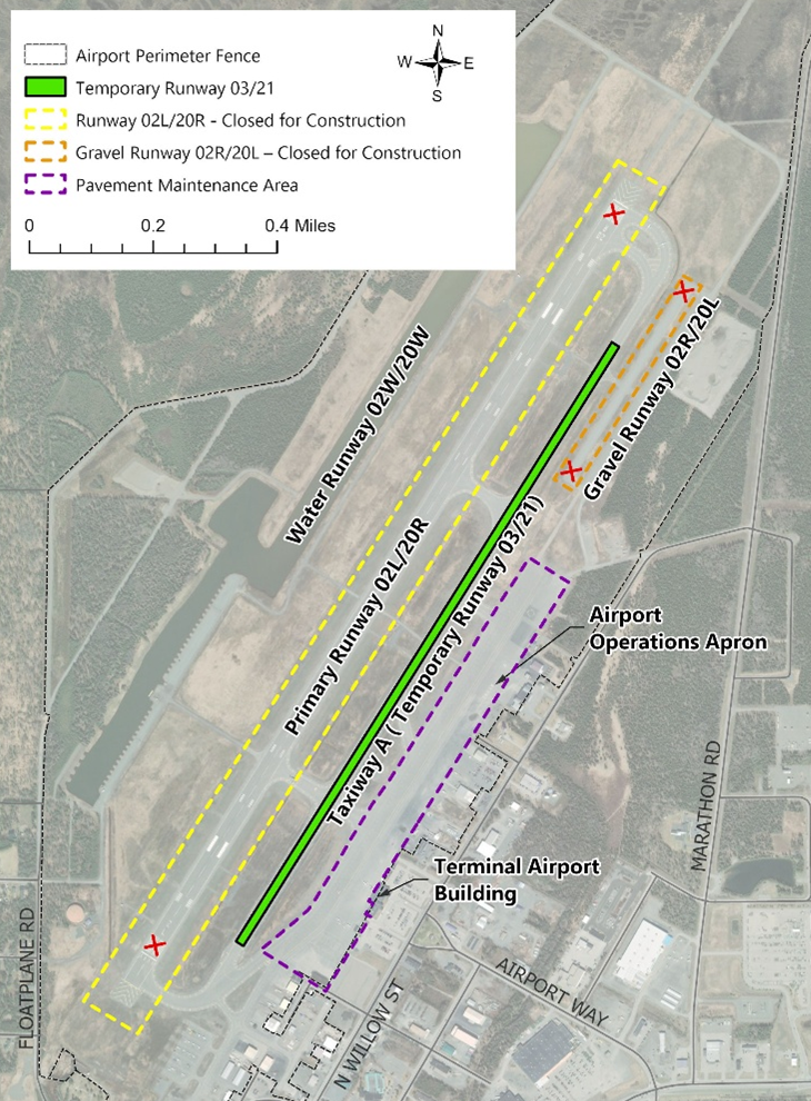 Map of Kenai Municipal Airport showing runway closures and temporary runway operations during the Runway 02L/20R rehabilitation project. Runway 02L/20R is outlined and marked as closed for construction. Gravel Runway 02R/20L is also shown as closed. Taxiway A is depicted as the temporary runway (Runway 03/21). The pavement maintenance area near the terminal apron is highlighted. Nearby features including the terminal airport building, airport operations apron, surrounding roads, and airport perimeter fence are shown for reference.
