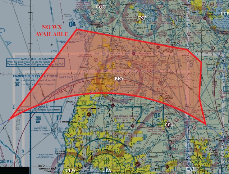 Sectional chart of the northern portion of Tampa Approach Control airspace. Red outline and shading mark the area where Tampa Approach will not have weather data available during the TPA ASR-9 outage.