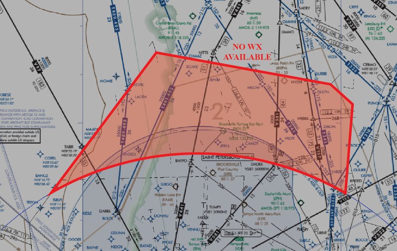Low altitude en route chart of the northern portion of Tampa Approach Control airspace. Red outline and shading mark the area where Tampa Approach will not have weather data available during the TPA ASR-9 outage.