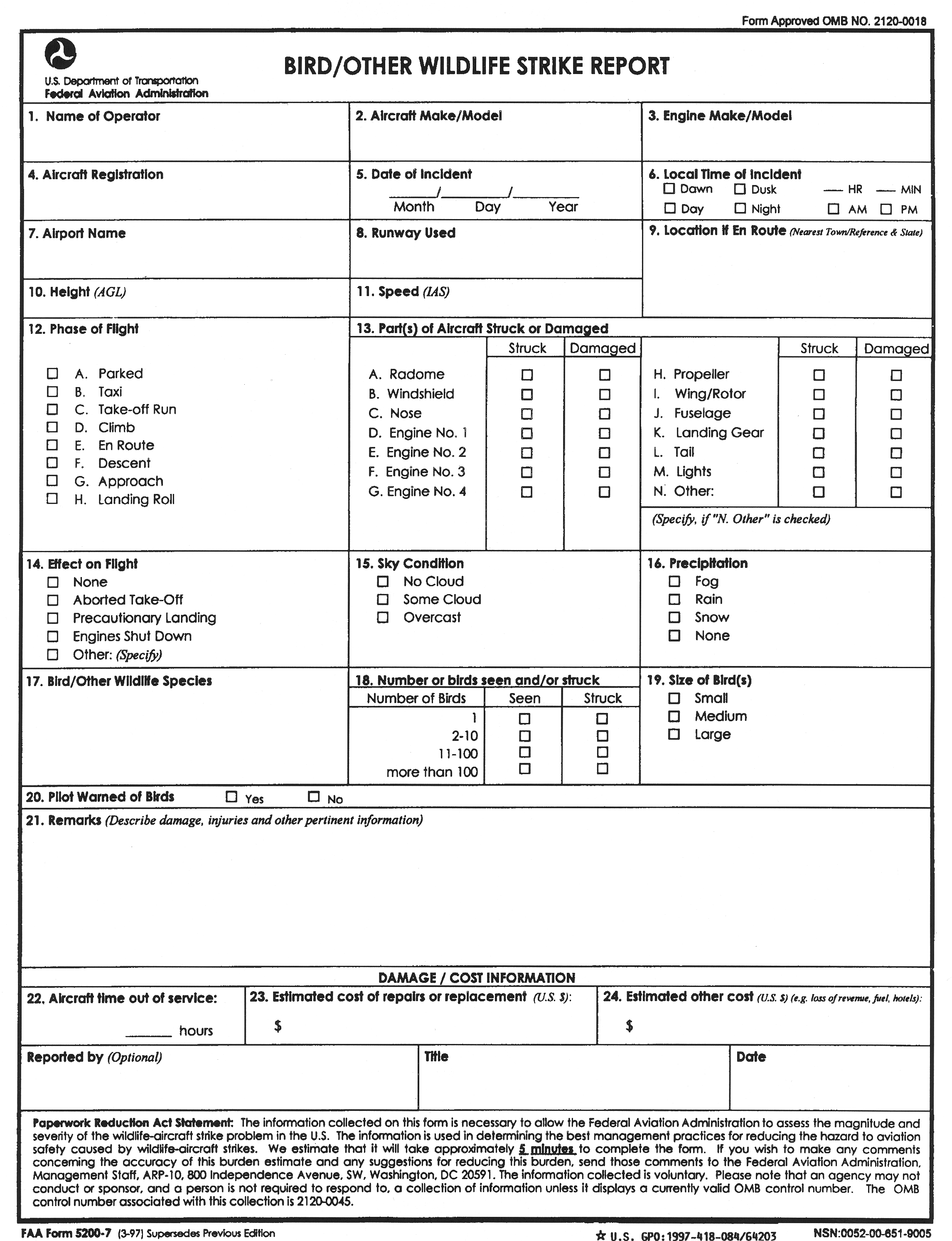 FIG ENR 5.6-1 Bird/Other Wildlife Strike Report