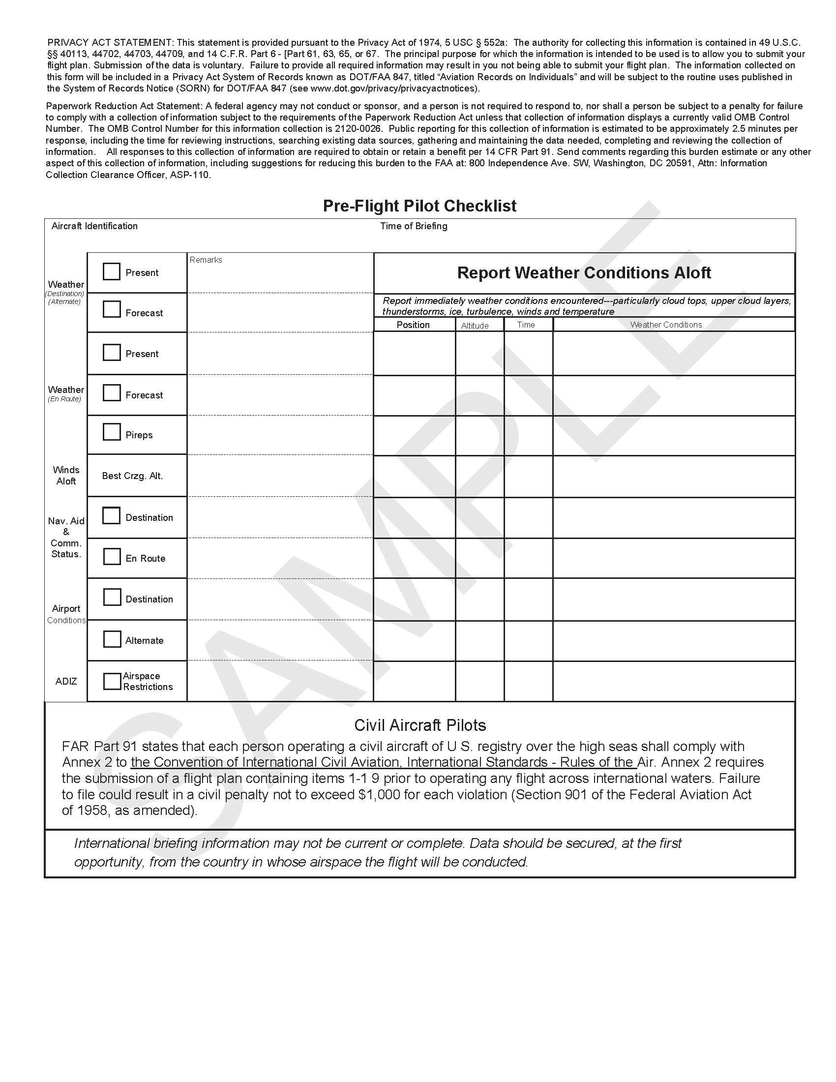 FIG 1-1 FAA Form 7233-4, Pre-Flight Pilot Checklist and International Flight Plan
