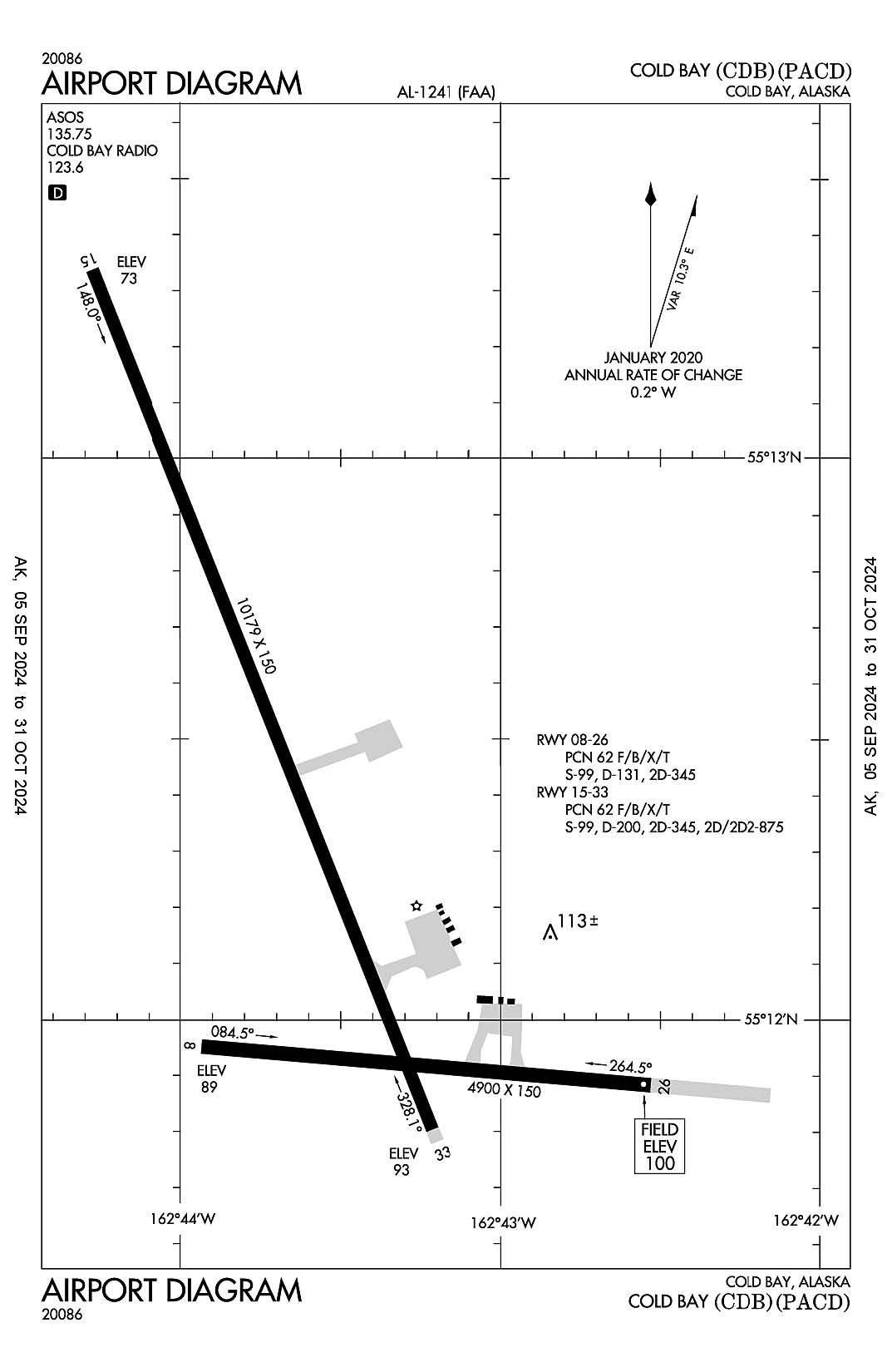 An airport diagram for Cold Bay (ICAO Identifier PACD).