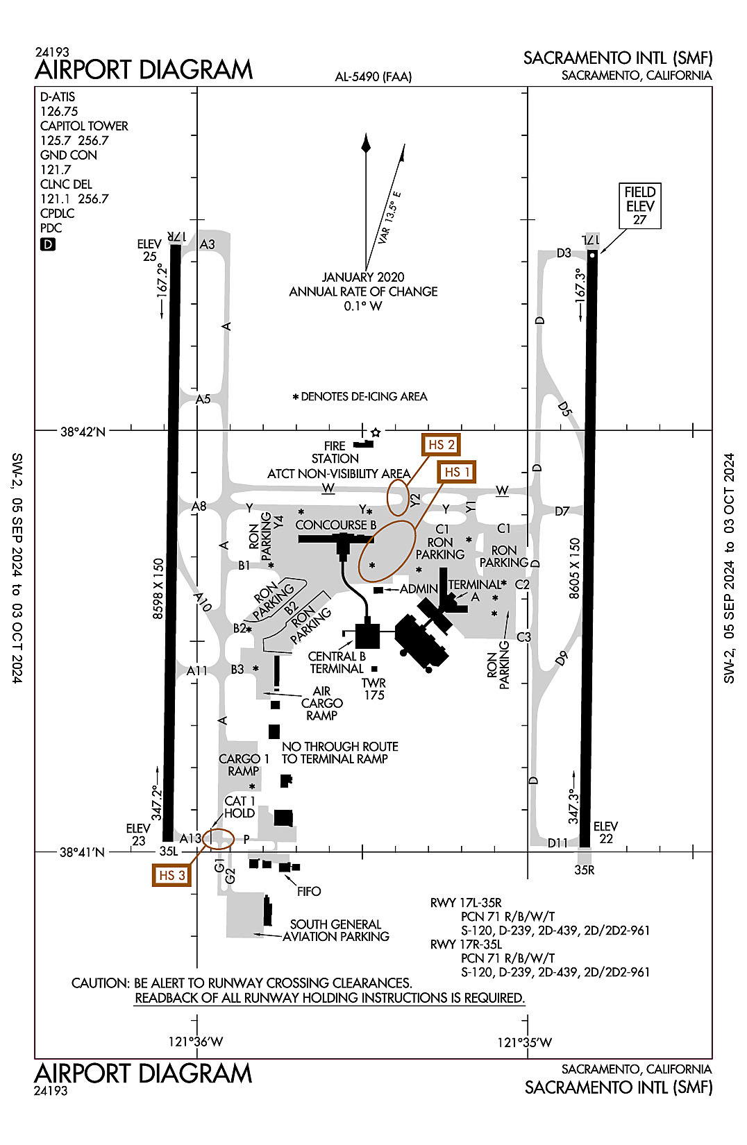 An airport diagram for Sacramento International (ICAO Identifier KSMF).