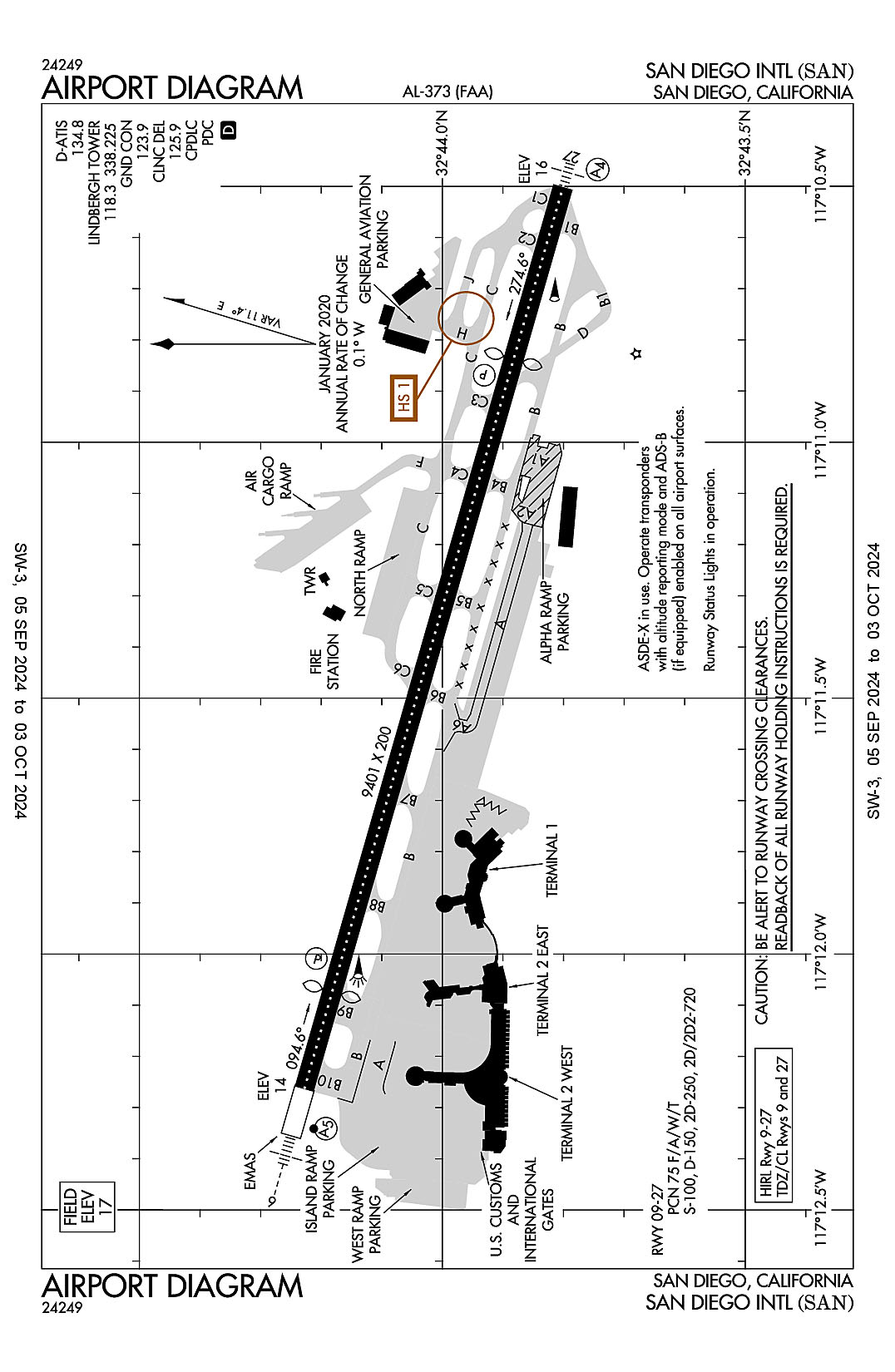 An airport diagram for San Diego International (ICAO Identifier KSAN).
