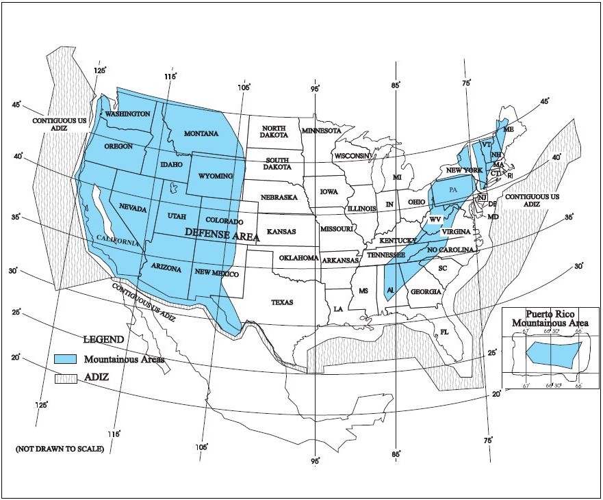 A graphic depicting the designated mountainous areas within the air defense identification zone boundaries.