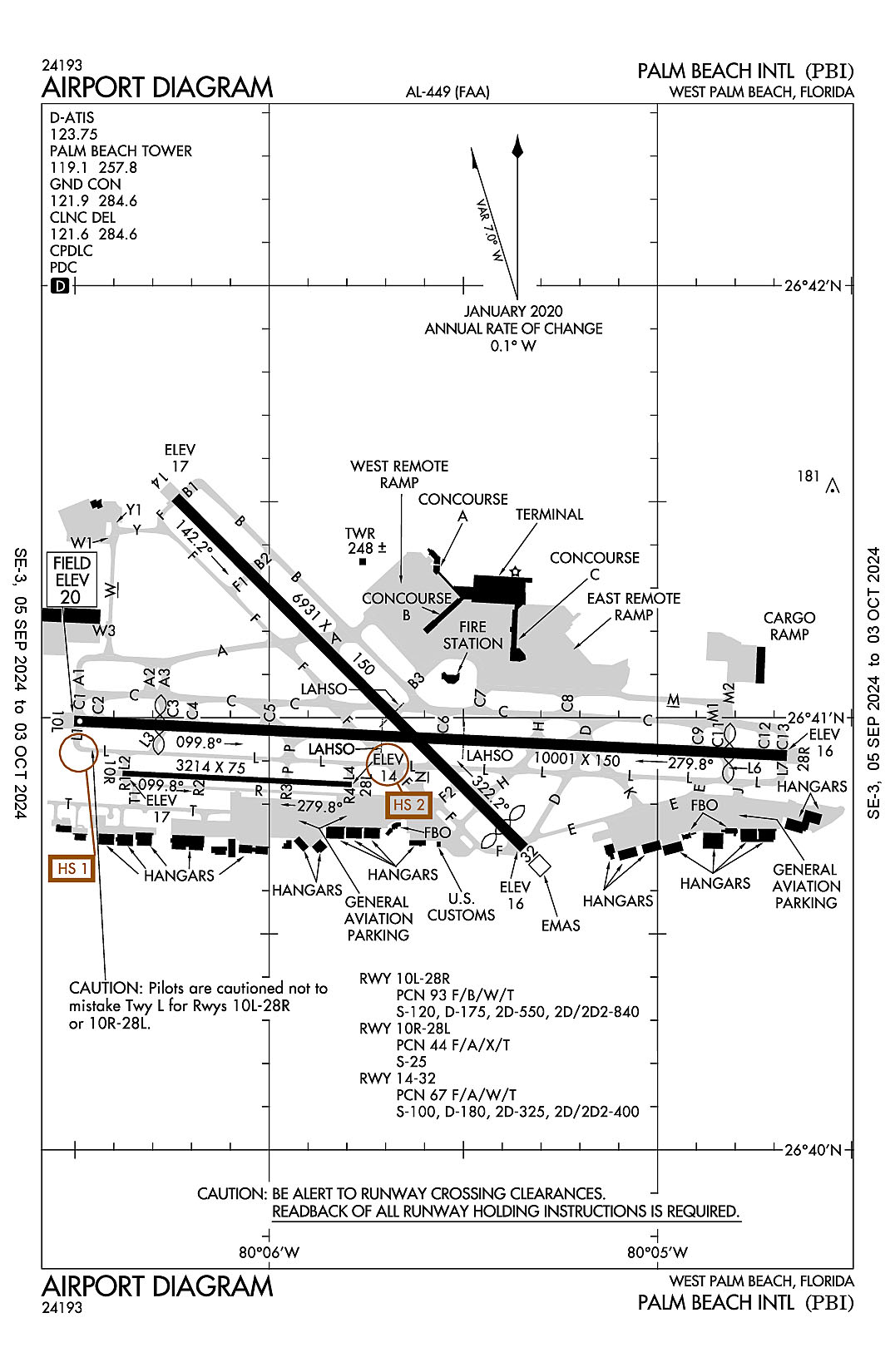 The airport diagram for Palm Beach International (ICAO Identifier KPBI).