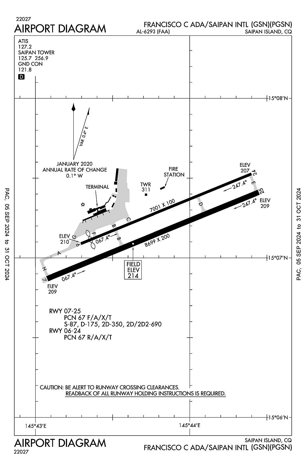 The airport diagram for Francisco C. Ada/Saipan International (ICAO Identifier PGSN).