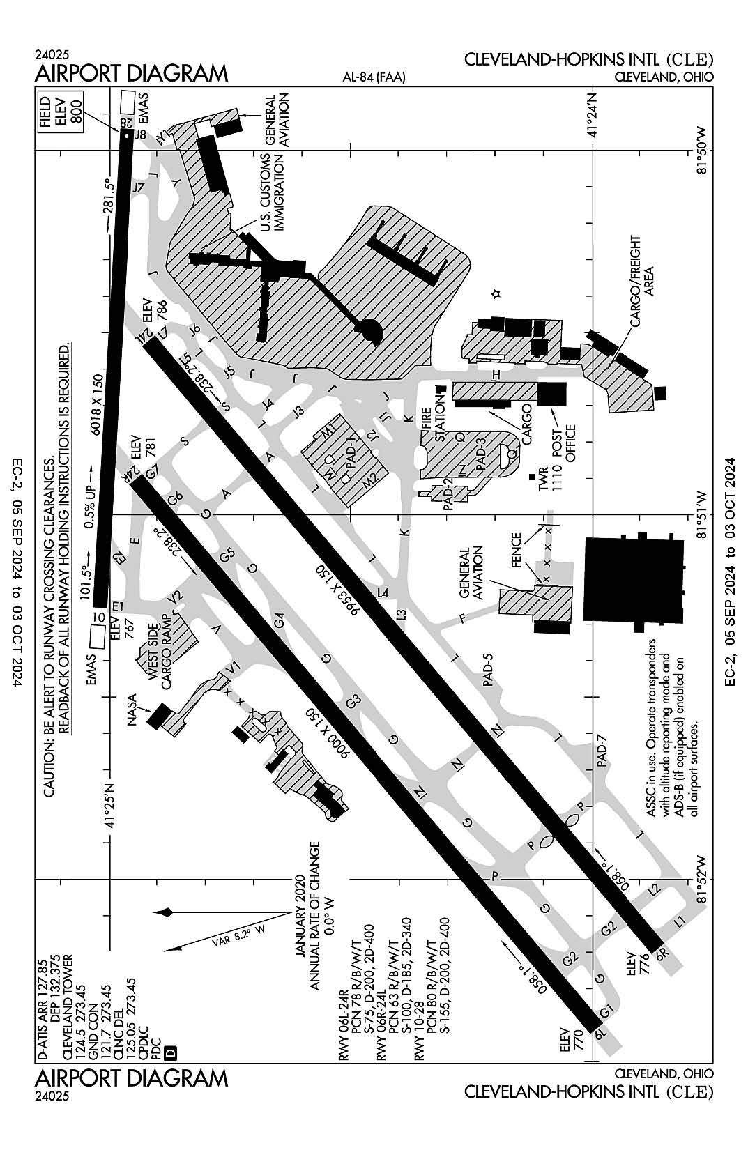 The airport diagram for Cleveland-Hopkins International (ICAO Identifier KCLE).