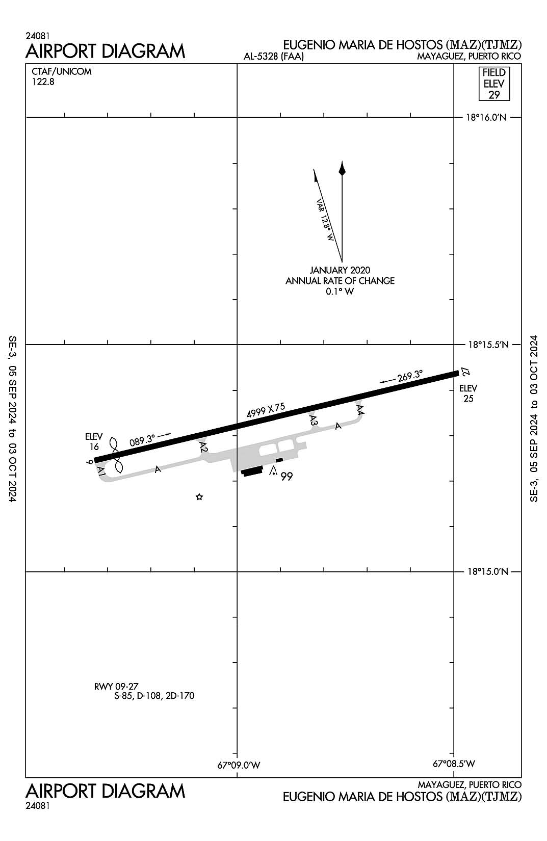 The airport diagram for Eugenio Maria De Hostos (ICAO Identifier TJMZ).