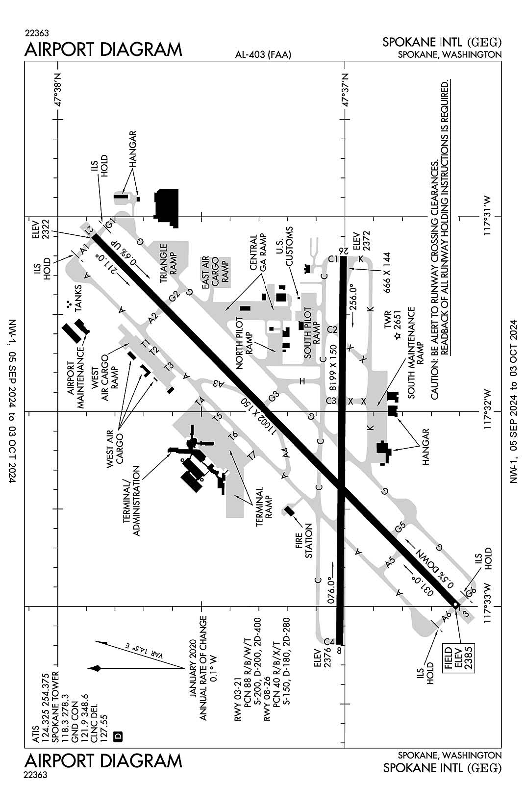 The airport diagram for Spokane International (ICAO Identifier KGEG).
