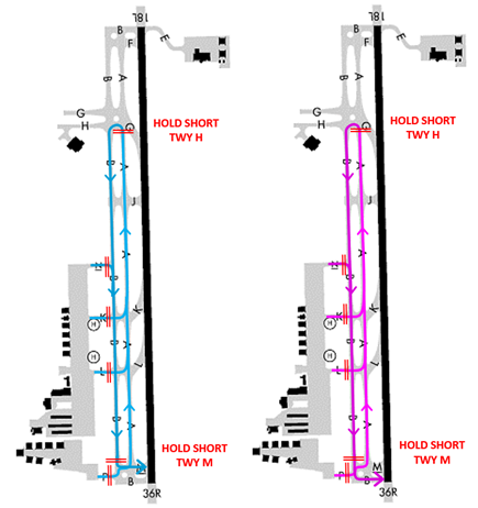 This graphic depicts the taxi routes for aircraft departing RWY 36R at KAUS.