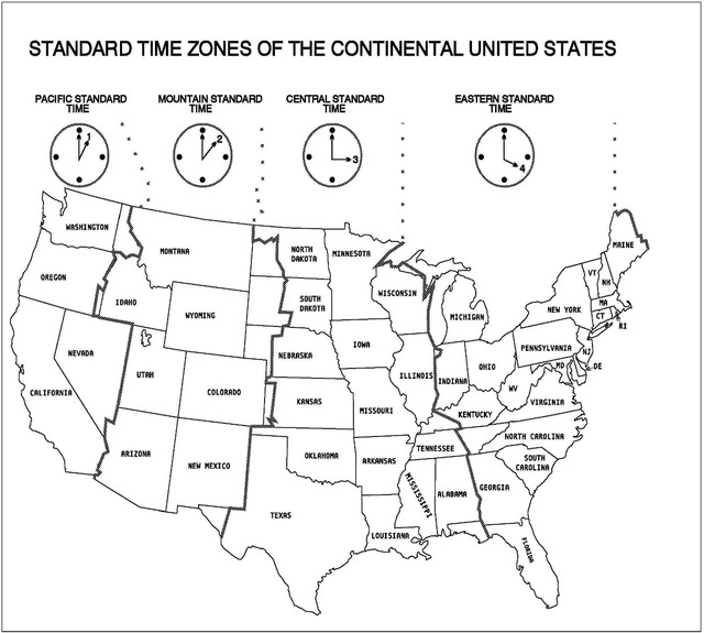 A graphic depicting the standard time zones within the continental U.S.