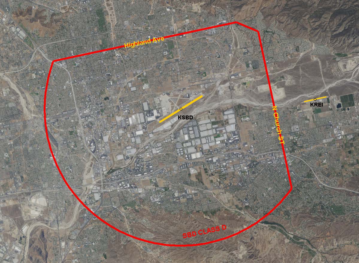 A graphic depicting SBD Class D boundary with red lines. Yellow lines depict runways at SBD and REI