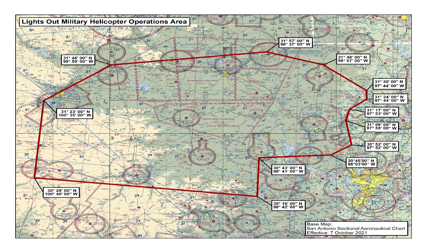 A graphic depicting the military helicopter operations area 
Base Map: San Antonio Sectional Aeronautical Chart effective October 7, 2021