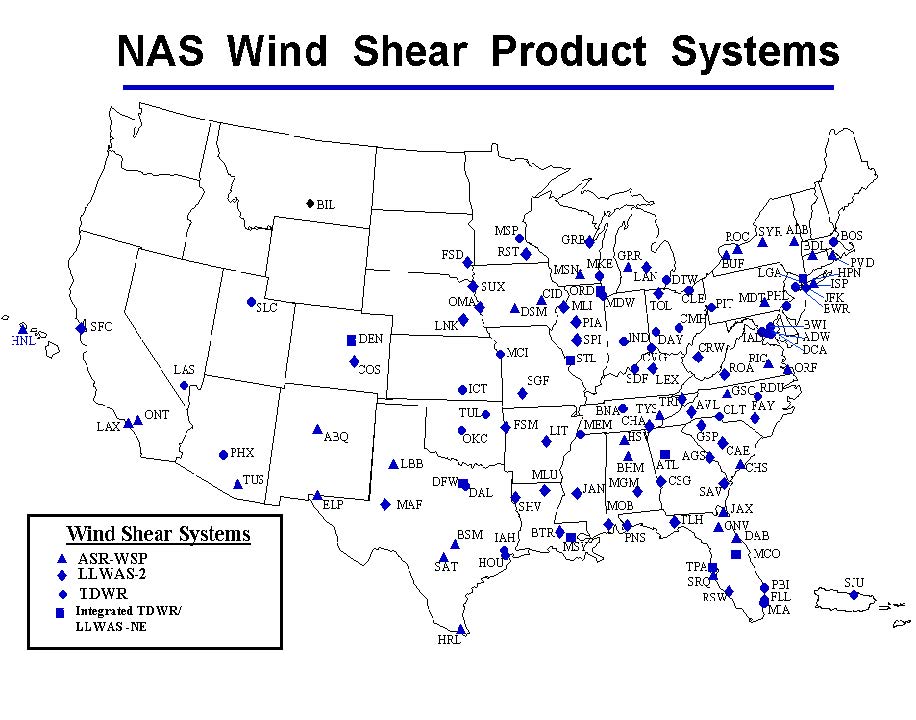 A graphic depicting the location of NAS Wind Shear Product Systems.