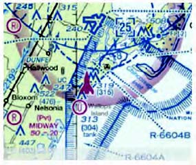 A graphic depicting space launch and reentry area depicted on a sectional chart.