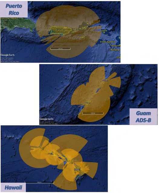 A static graphic portayal of Hawaii, Puerto Rico, and Guam with ADS-B Coverage at 1,500 feet above ground level.