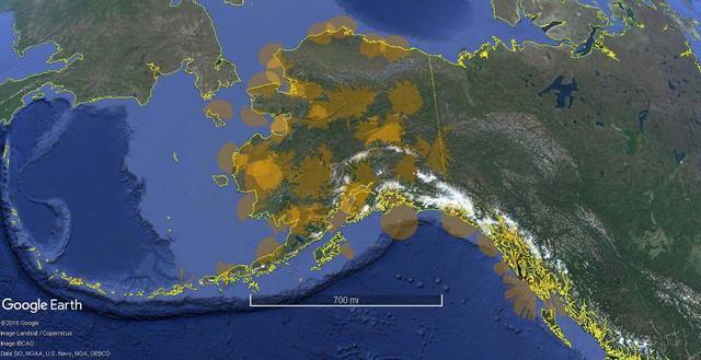 A static graphic portayal of Alaska with ADS-B Coverage at 1,500 feet above ground level.
