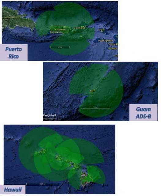 A static graphic portayal of Hawaii, Puerto Rico, and Guam with SSR Coverage at 1,500 feet above ground level.