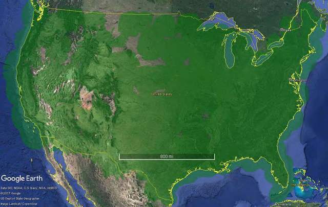 A static graphic portayal of the Continental United States (CONUS) with SSR Coverage at 5,000 feet above ground level.