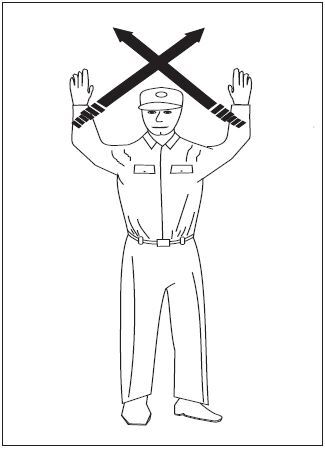 A graphic depicting the hand signal for stop.