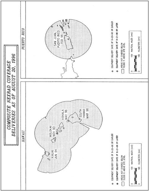 A graphic depicting the NEXRAD coverage in Hawaii and Puerto Rico as of August 20, 1996.