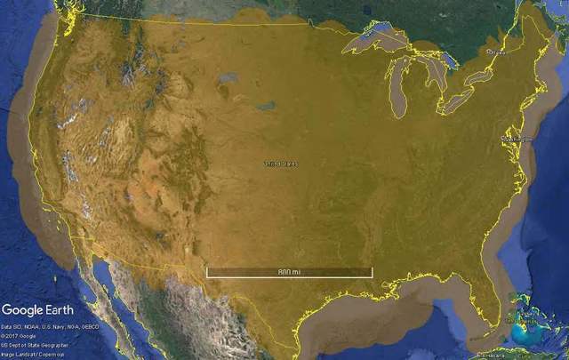 A static graphic portayal of the Continental United States with ADS-B Coverage at 5,000 feet above ground level.