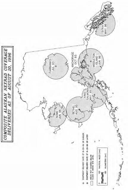 A graphic depicting the NEXRAD coverage in Alaska as of August 20, 1996.