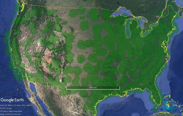 A static graphic portayal of the Continental United States (CONUS) with SSR Coverage at 1,500 feet above ground level.