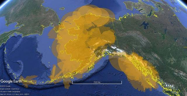 A static graphic portayal of Alaska with ADS-B Coverage at 20,000 feet mean sea level.