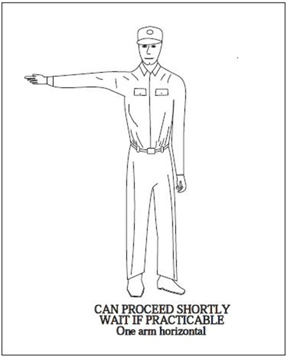 A graphic depicting the body signal to use when can proceed shortly. One arm horizontal.