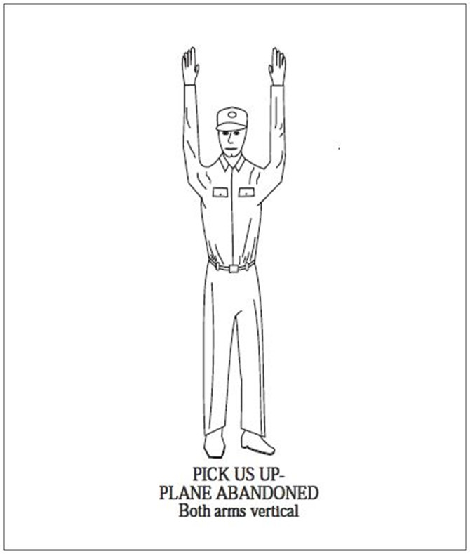 A graphic depicting the body signal for pick us up - plane abandoned. Both arms vertical.