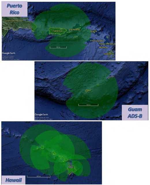A static graphic portayal of Hawaii, Puerto Rico, and Guam with SSR Coverage at 5,000 feet above ground level.