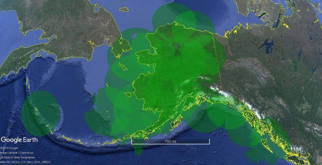 A static graphic portayal of Alaska with SSR Coverage at 20,000 feet mean sea level.