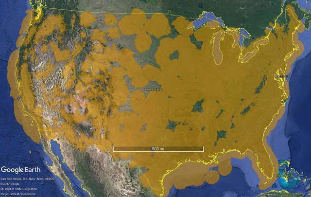 A static graphic portayal of the Continental United States with ADS-B Coverage at 1,500 feet above ground level.