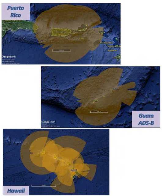 A static graphic portayal of Hawaii, Puerto Rico, and Guam with ADS-B Coverage at 5,000 feet above ground level.