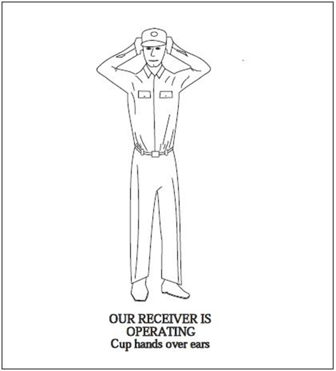 A graphic depicting the body signal for our receiver is operating. Cup hands over ears.