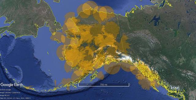 A static graphic portayal of Alaska with ADS-B Coverage at 5,000 feet above ground level.