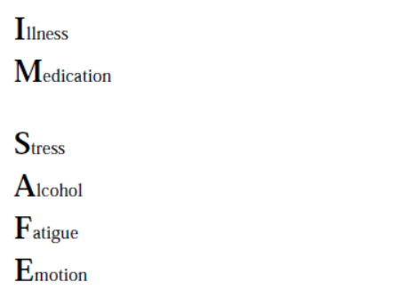 A screenshot of a list of impairments that serves as a preflight checklist pilots should conduct on themselves to make sure they are physically and mentally safe to fly