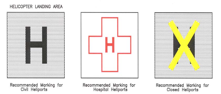 A graphic depicting the markings to identify a helicopter landing areas. this includes the recommended marking for civil heliports, hospital heliports, and closed heliports.