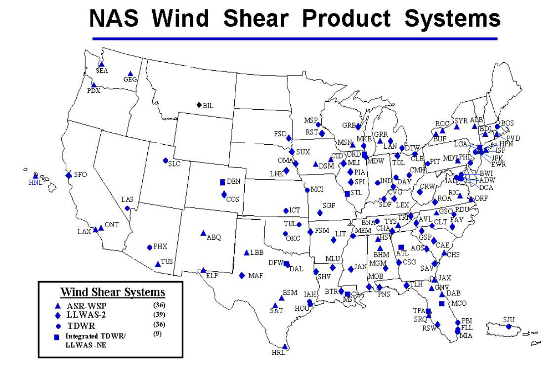 A graphic depicting the location of NAS Wind Shear Product Systems.