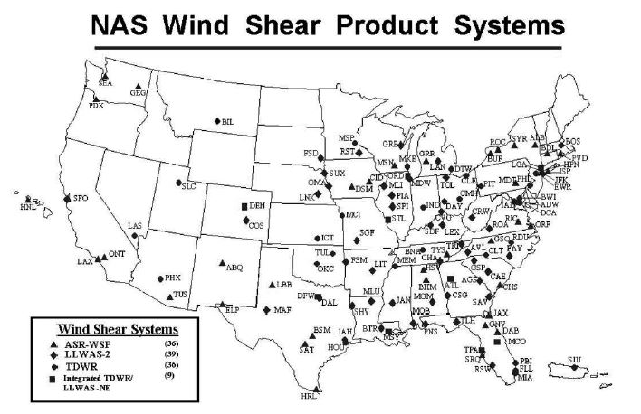 A graphic depicting the location of NAS Wind Shear Product Systems.