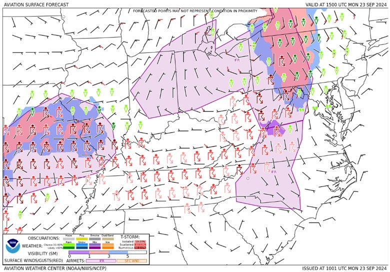 A graphic from the AWC depicting visibility, weather phenomena, and winds.