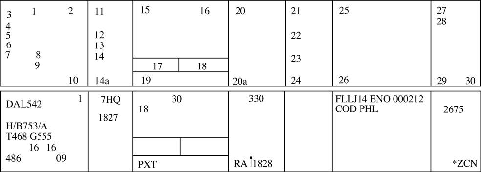 A graphic depicting a flight progress strip (FAA Form 7230-19).