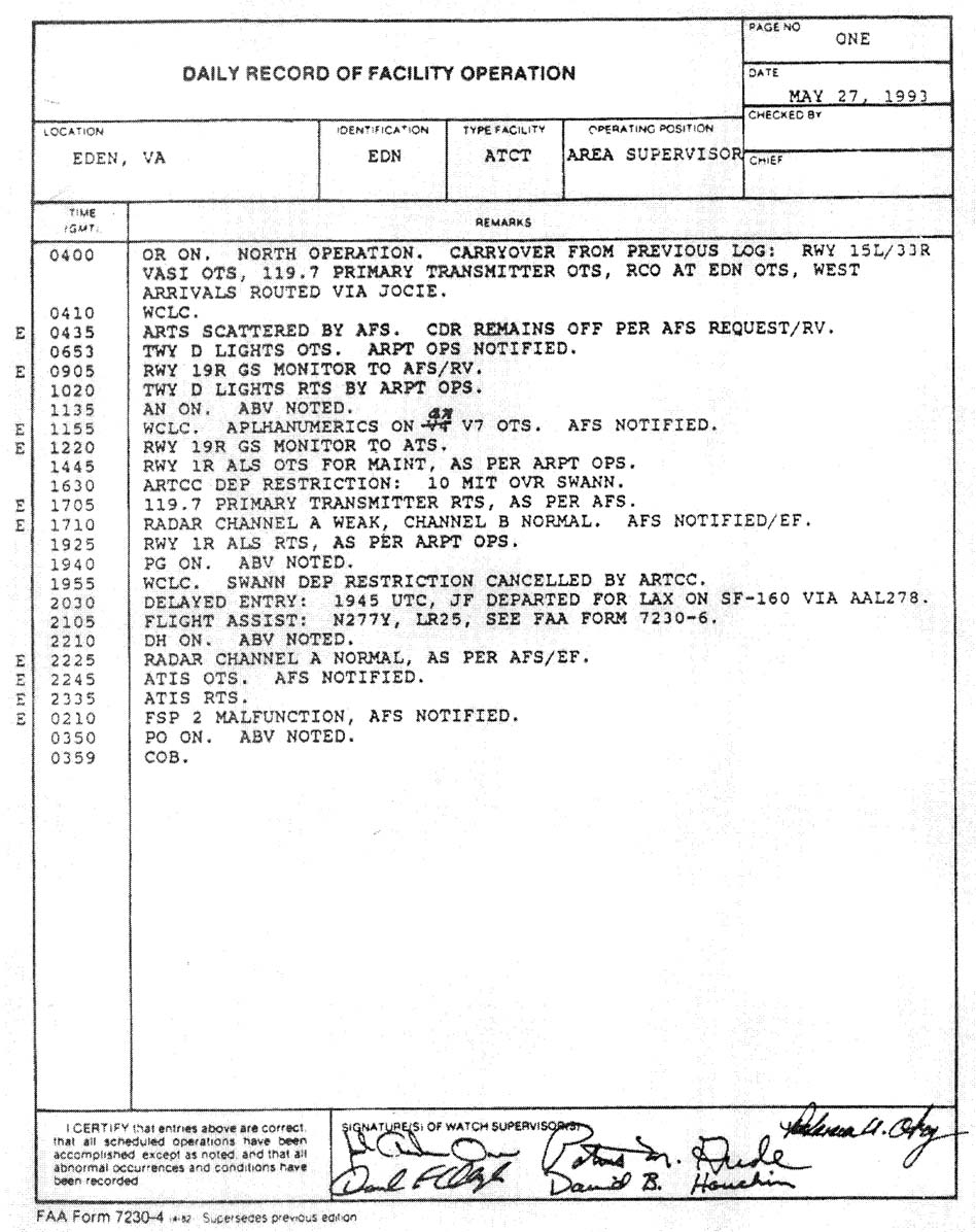 A graphic depicting an example of FAA Form 7230-4, Daily Record of Facility Operation.