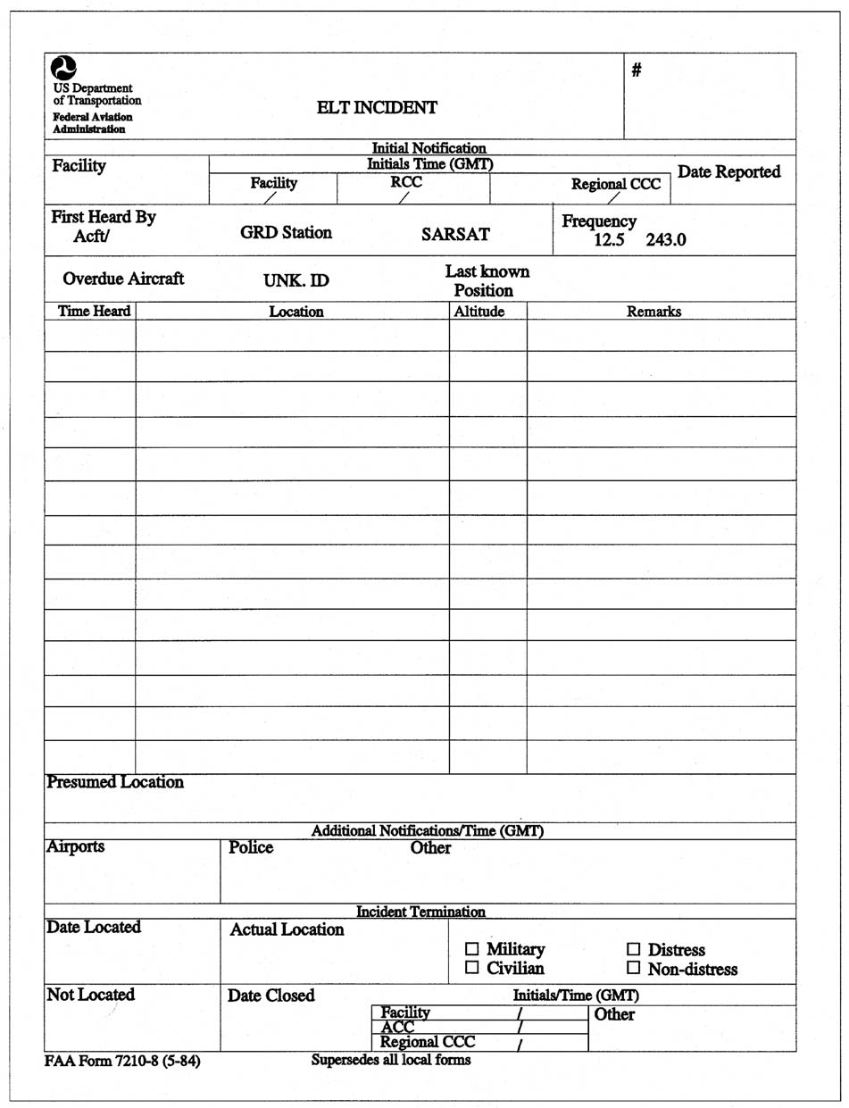 A graphic depicting FAA Form 7210-8, ELT Incident.
