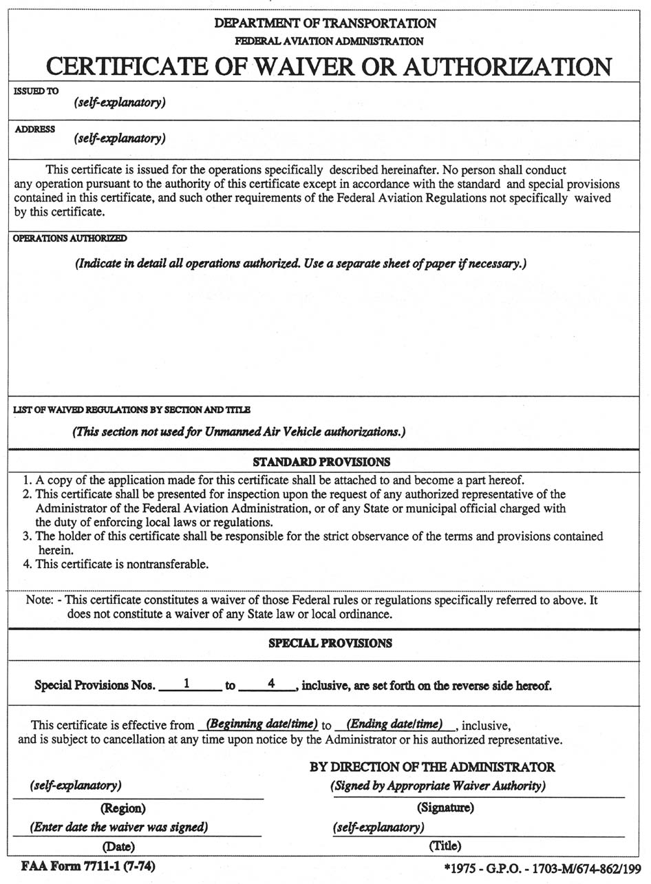 A figure depicting FAA Form 7711-1, Certificate of Waiver or Authorization.
