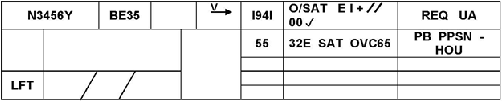 A graphic depicting a flight progress strip entry.