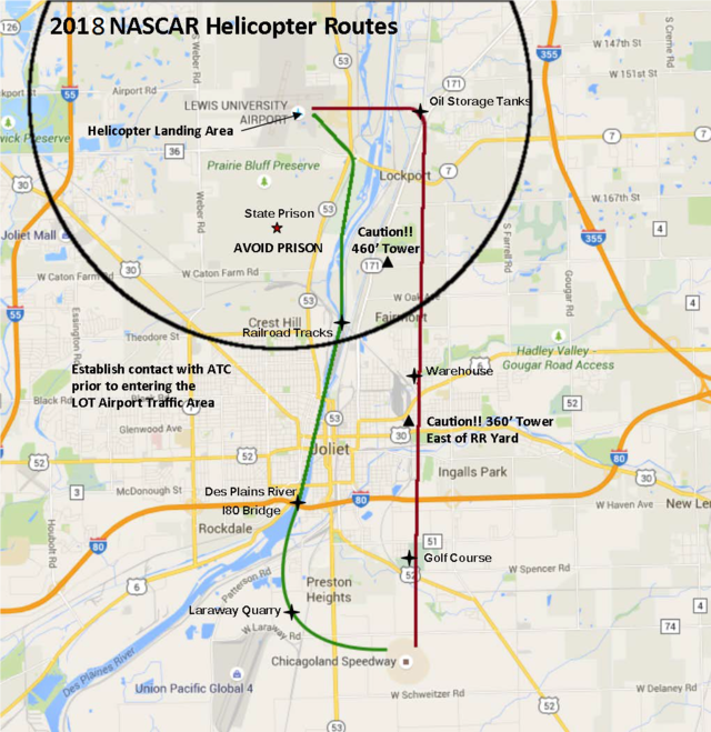 A graphic depicting the 2018 Lewis Airport helicopter route to Chicagoland Speedway.
